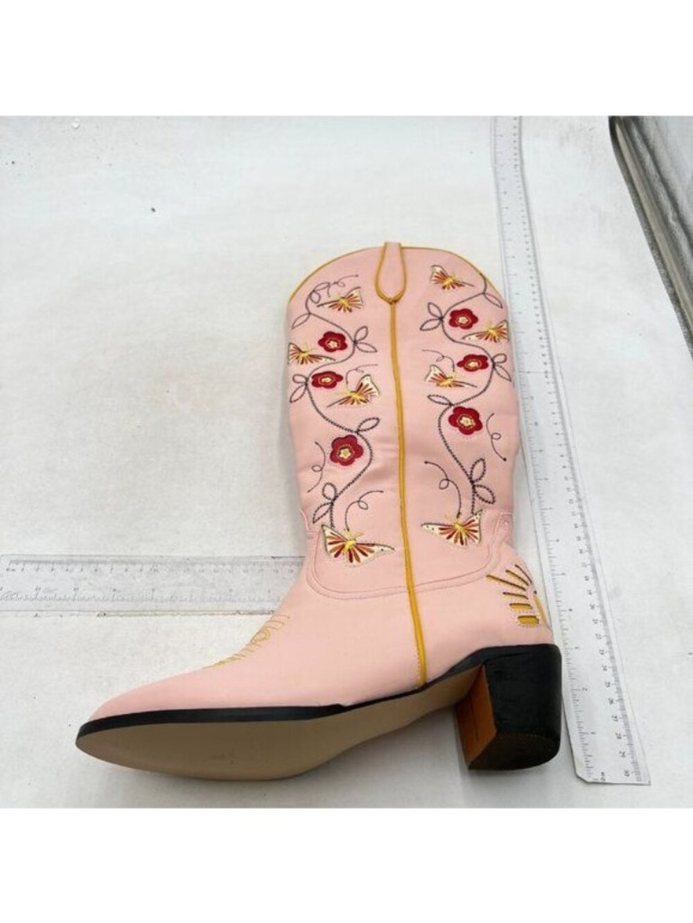 Cowgirl Mid Calf Western Boots Embroidered Stitched Pointed Toe Chunky Heel Pink